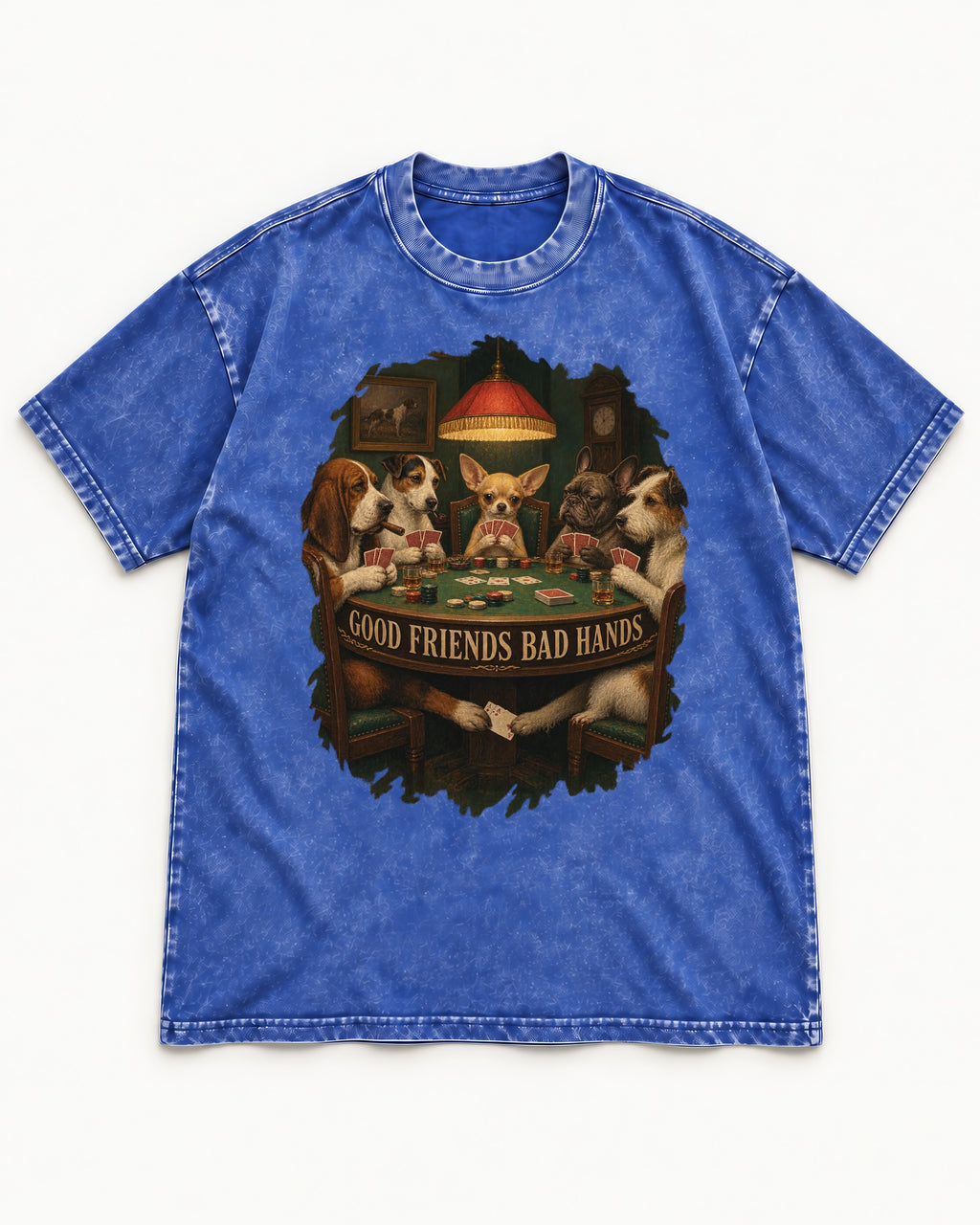 Good Friends Bad Hands Chihuahua Poker Scene Washed Tee in Royal Blue, flat lay product photo