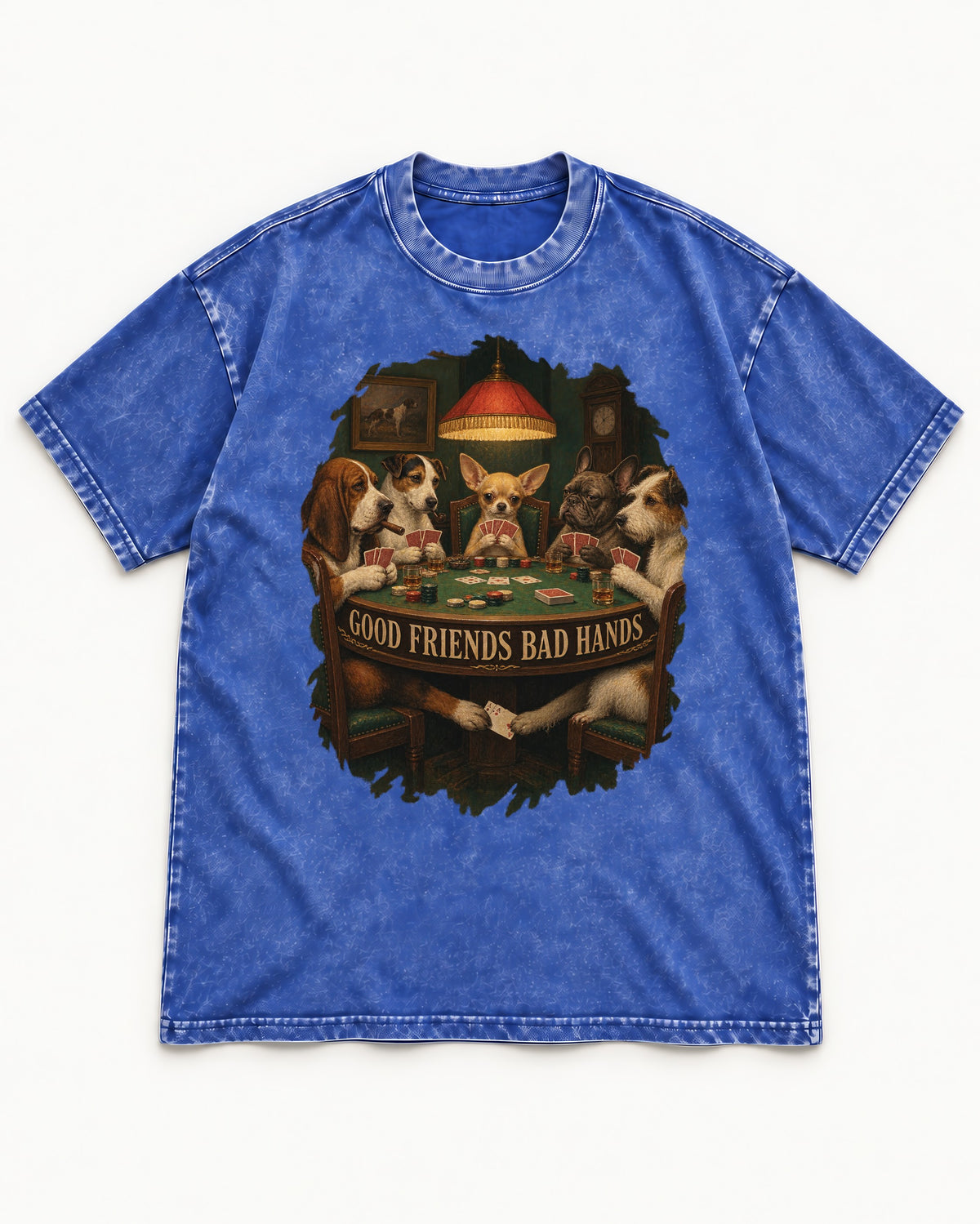 Good Friends Bad Hands Chihuahua Poker Scene Washed Tee in Royal Blue, flat lay product photo