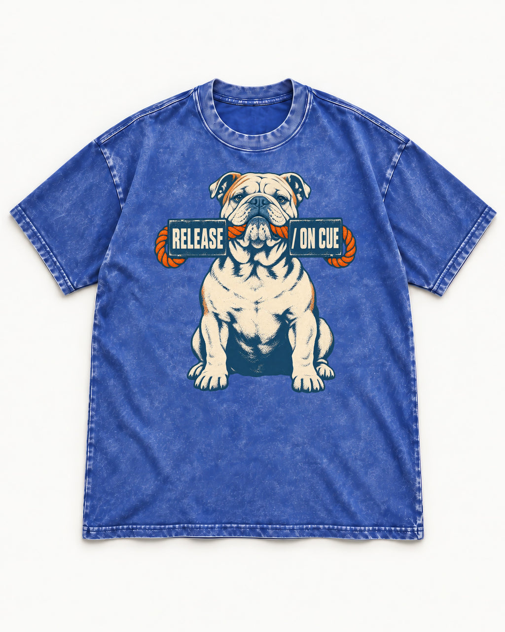 English Bulldog Release on Cue Rope Sign Graphic Washed Tee in Royal Blue, flat lay product photo