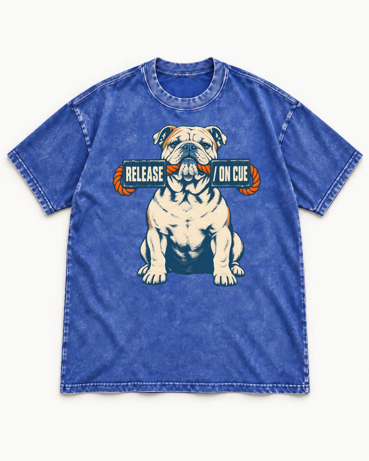 English Bulldog Release on Cue Rope Sign Graphic Washed Tee in Royal Blue, flat lay product photo