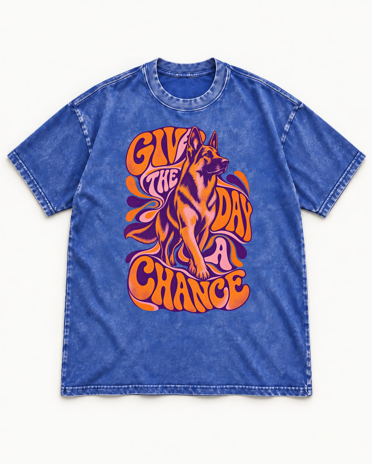 Give The Day A Chance Psychedelic German Shepherd Dog Graphic Washed Tee in Royal Blue, flat lay product photo