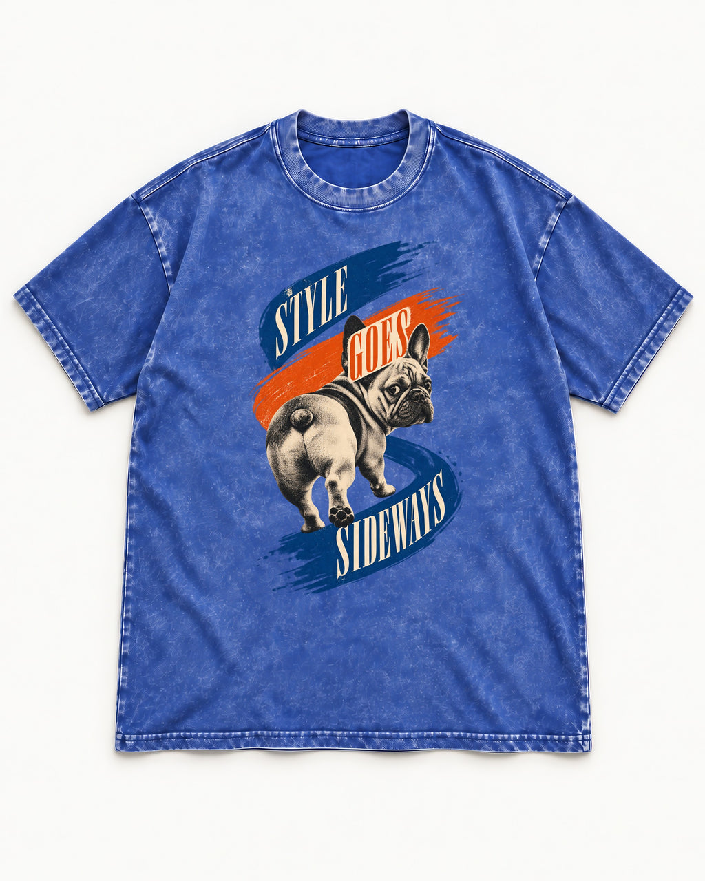 Frenchie Style Goes Sideways Graphic Washed Tee in Royal Blue, flat lay product photo