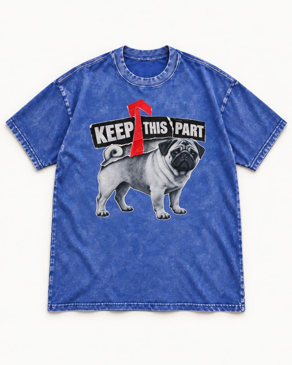 Pug Keep This Part Tape Arrow Graphic Washed Tee in Royal Blue, flat lay product photo