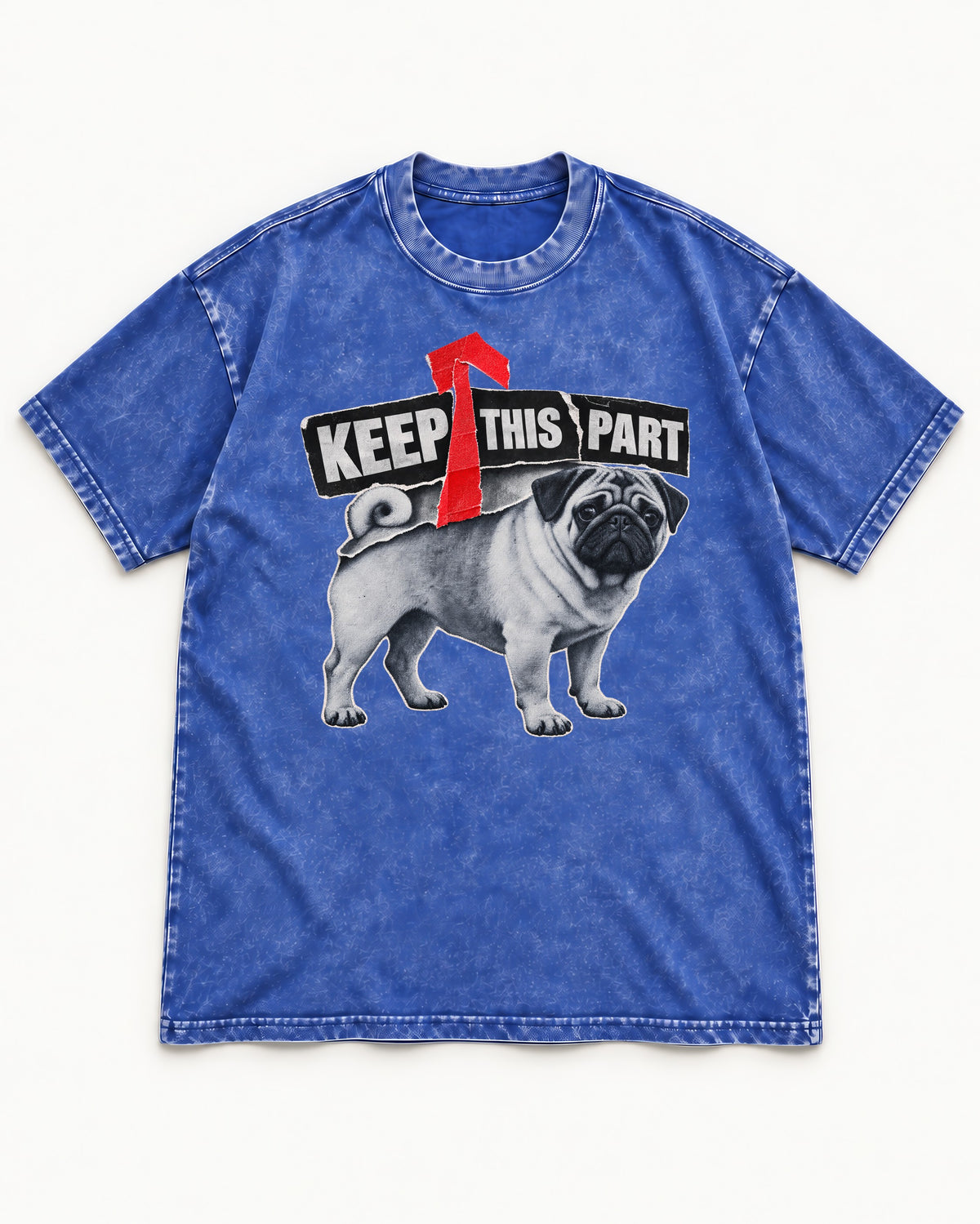 Pug Keep This Part Tape Arrow Graphic Washed Tee in Royal Blue, flat lay product photo