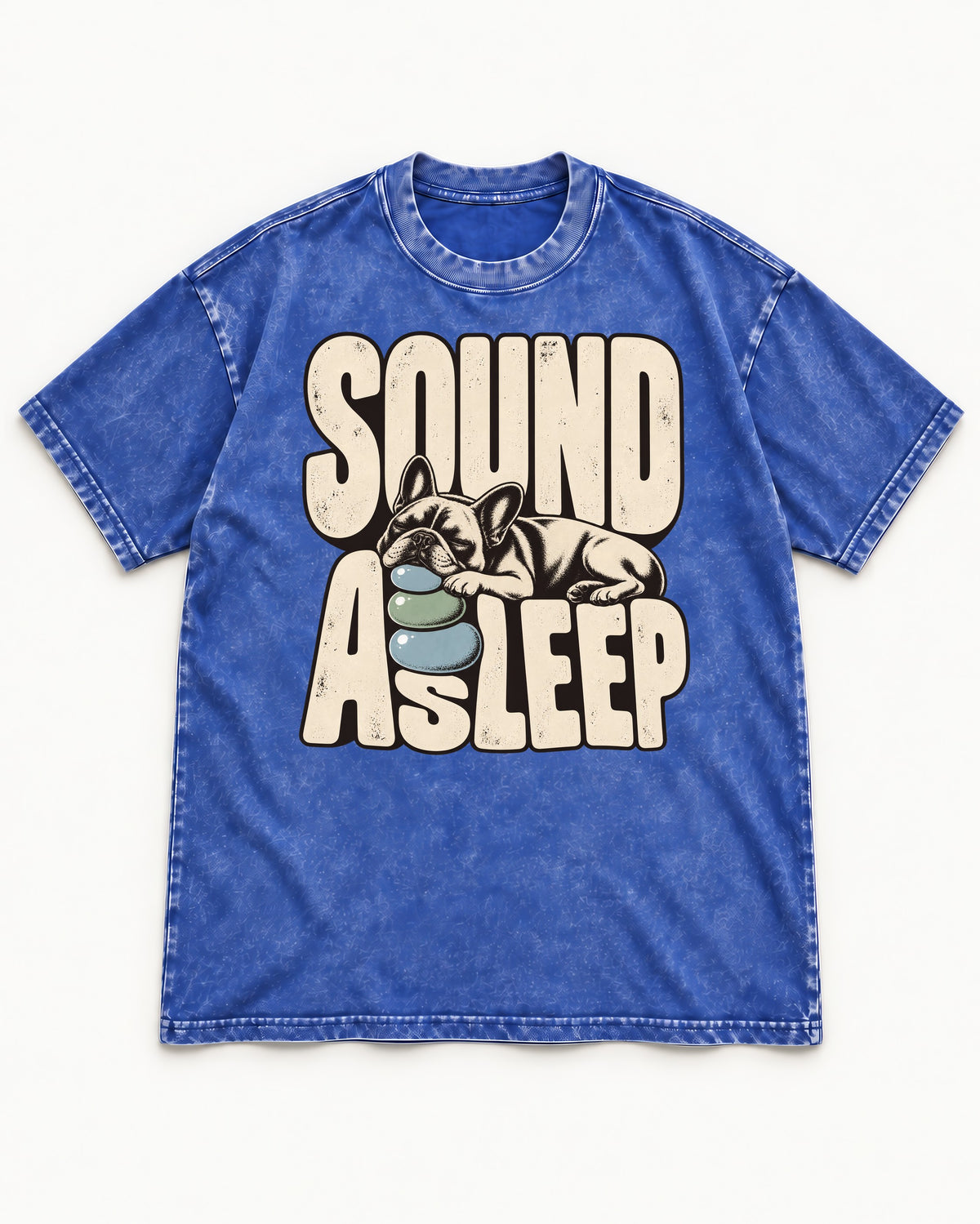 Frenchie Sound Asleep Stone Pillow Graphic Washed Tee in Royal Blue, flat lay product photo