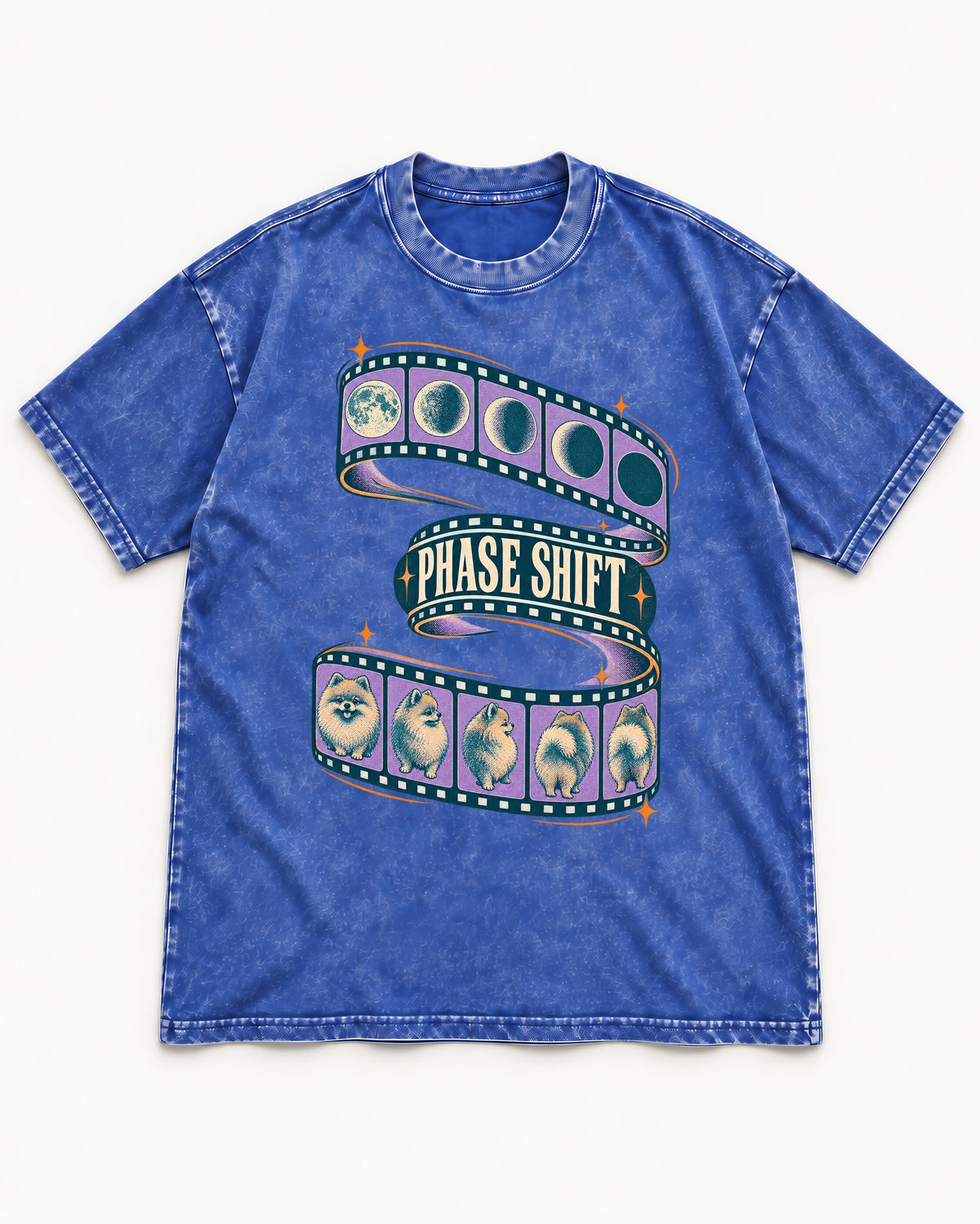 Pomeranian Phase Shift Filmstrip Graphic Washed Tee in Royal Blue, flat lay product photo