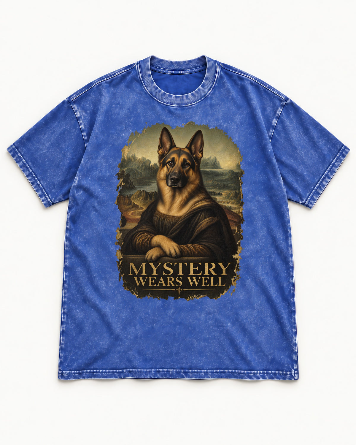 German Shepherd Dog Mystery Wears Well Renaissance Portrait Washed Tee in Royal Blue, flat lay product photo