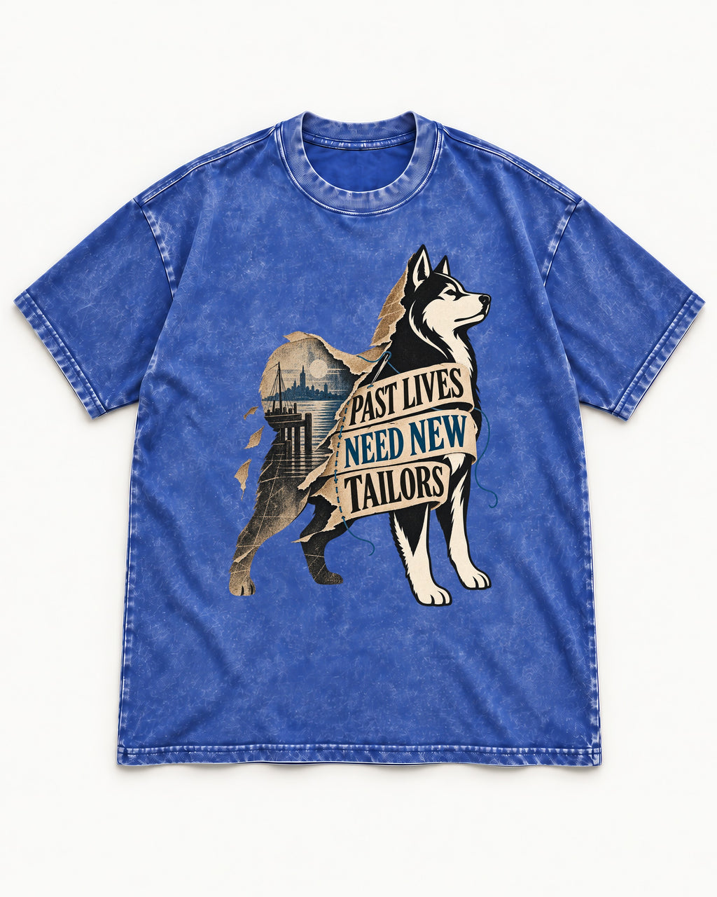 Husky Past Lives Need New Tailors Split Identity Graphic Washed Tee in Royal Blue, flat lay product photo