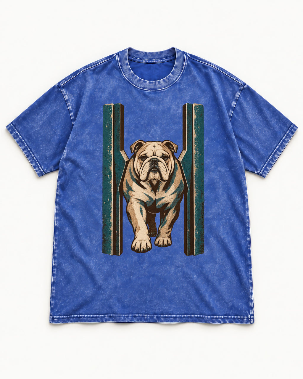 English Bulldog Walking Through Teal Gate Graphic Washed Tee in Royal Blue, flat lay product photo