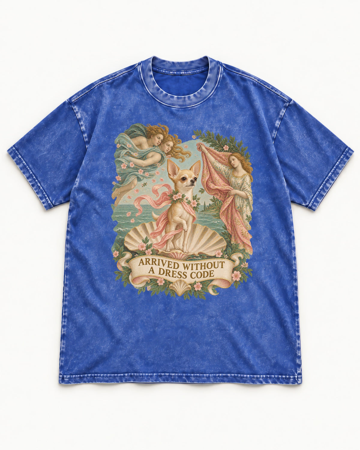 Chihuahua Arrived Without a Dress Code Classical Shell Scene Washed Tee in Royal Blue, flat lay product photo