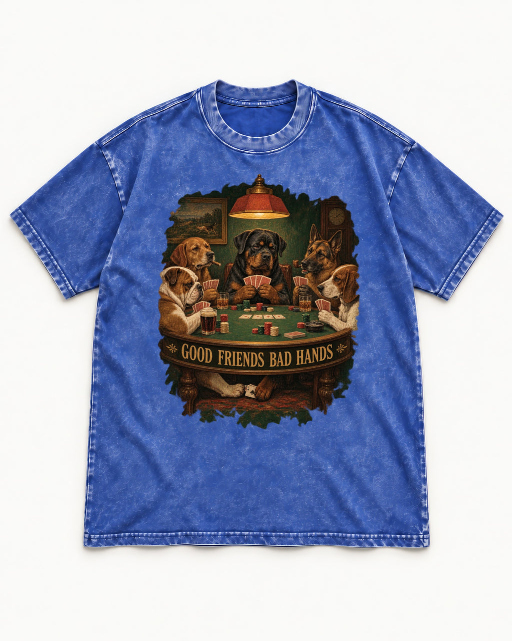 Rottweiler Good Friends Bad Hands Poker Night Graphic Washed Tee in Royal Blue, flat lay product photo