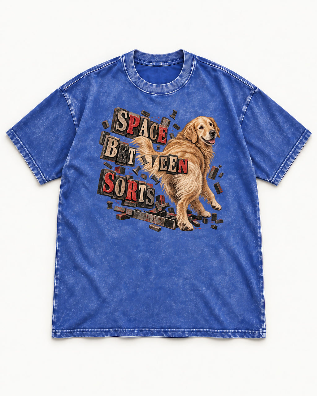Golden Retriever Space Between Sorts Letterpress Graphic Washed Tee in Royal Blue, flat lay product photo