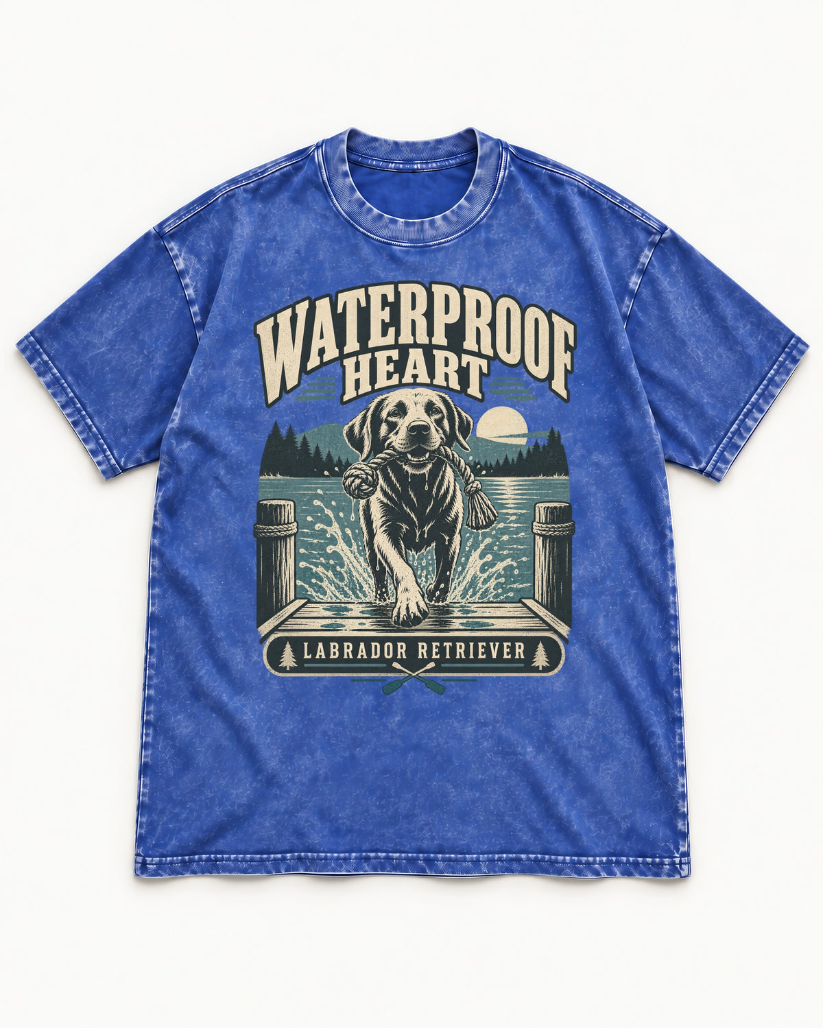 Labrador Retriever Waterproof Heart Lake Adventure Graphic Washed Tee in Royal Blue, flat lay product photo