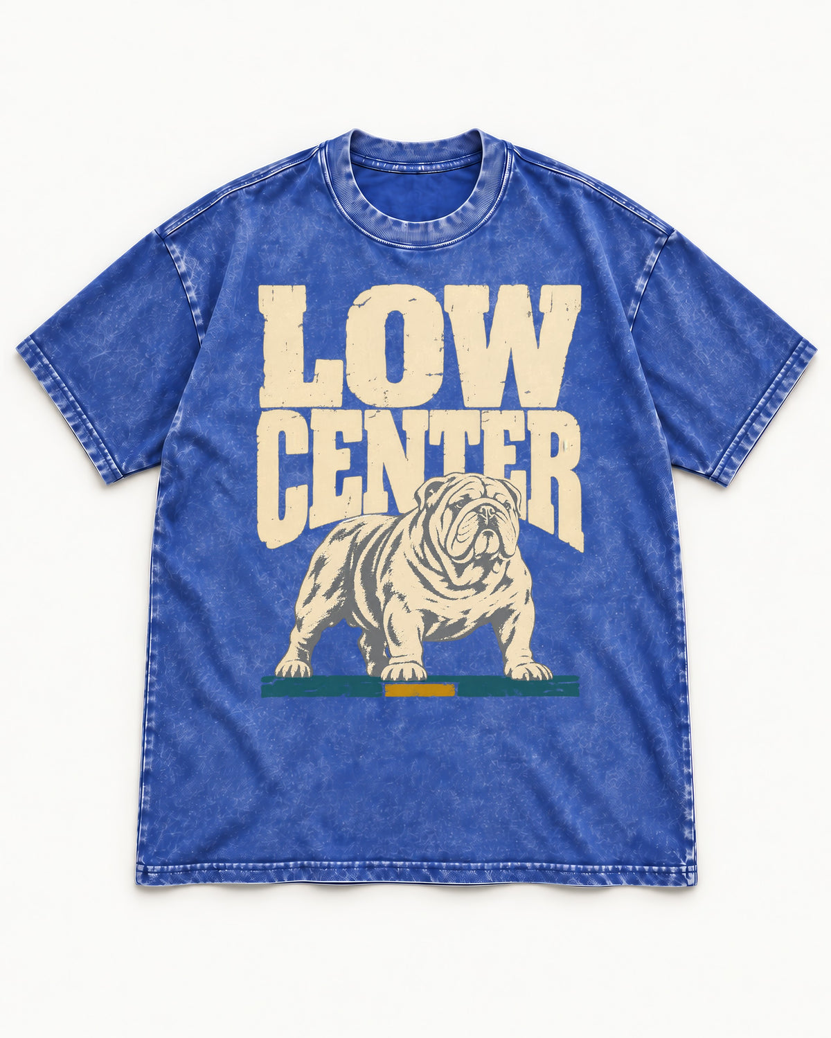 English Bulldog Low Center Stance Graphic Washed Tee in Royal Blue, flat lay product photo