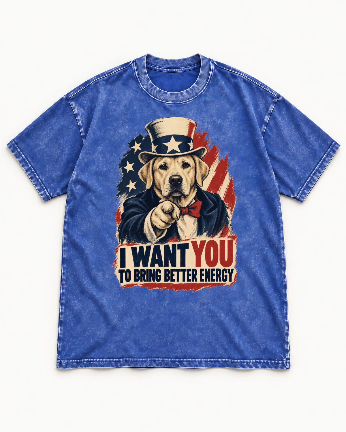 Labrador Retriever I Want You to Bring Better Energy Uncle Sam Graphic Washed Tee in Royal Blue, flat lay product photo