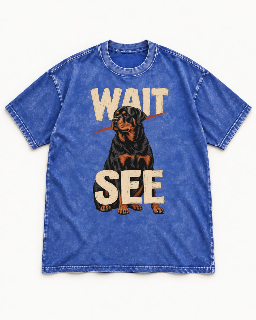 Wait See Rottweiler Seated Slash Graphic Washed Tee in Royal Blue, flat lay product photo