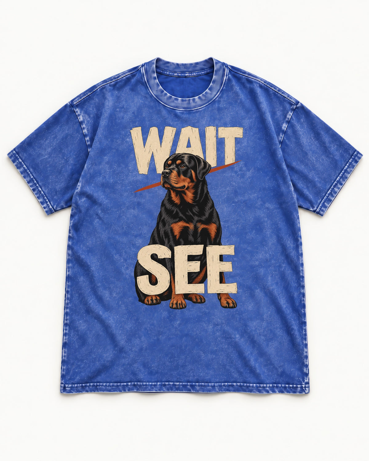 Wait See Rottweiler Seated Slash Graphic Washed Tee in Royal Blue, flat lay product photo