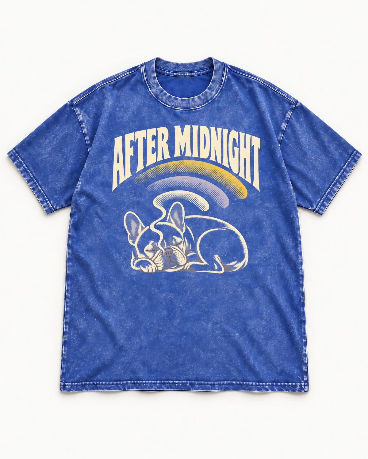 Frenchie After Midnight Sleeping Graphic Washed Tee in Royal Blue, flat lay product photo