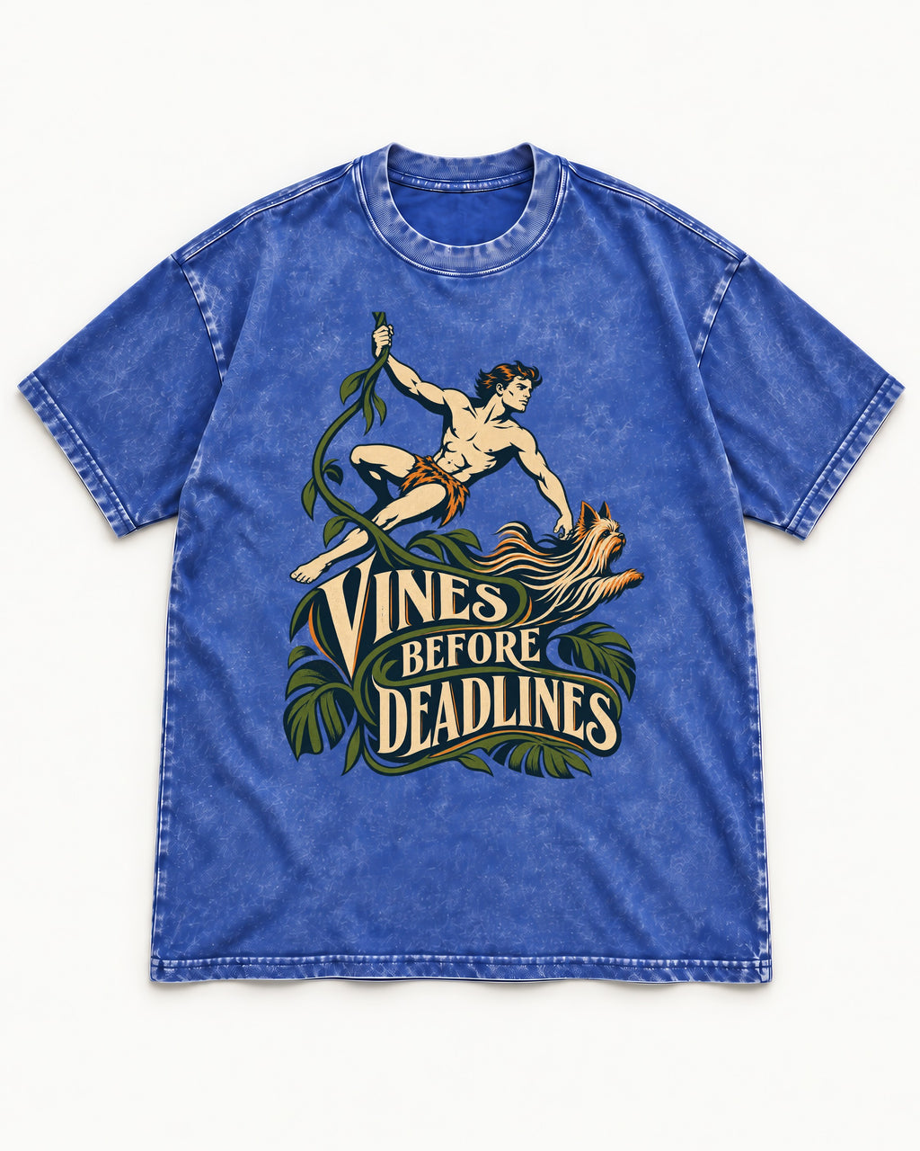 Yorkshire Terrier Vines Before Deadlines Jungle Hero Graphic Washed Tee in Royal Blue, flat lay product photo