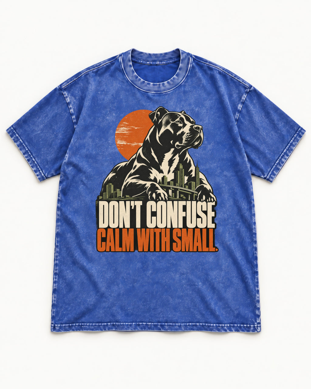 Pitbull Don't Confuse Calm with Small City Guardian Graphic Washed Tee in Royal Blue, flat lay product photo