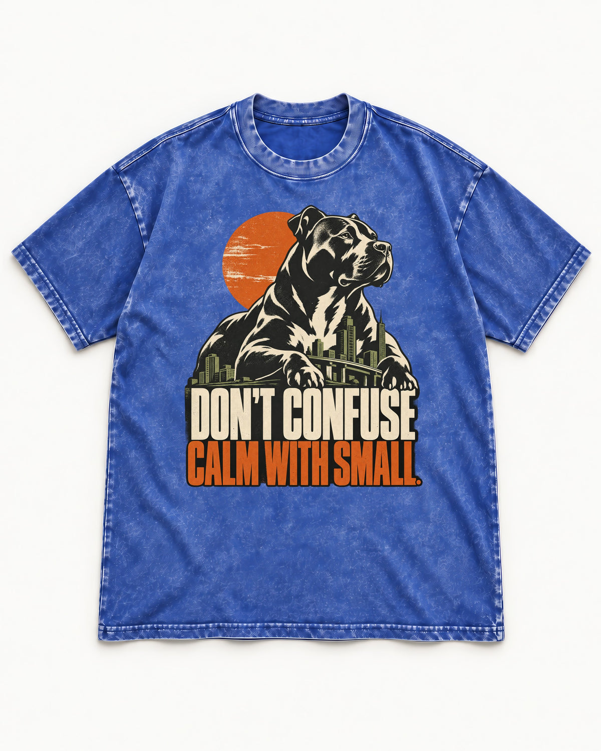 Pitbull Don't Confuse Calm with Small City Guardian Graphic Washed Tee in Royal Blue, flat lay product photo