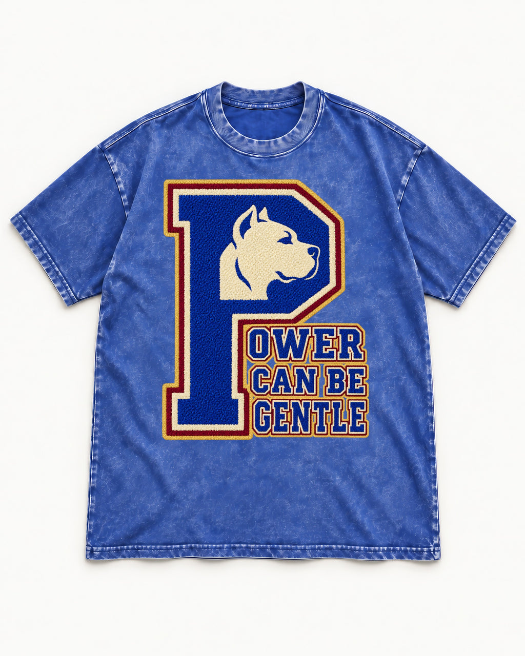 Pitbull Power Can Be Gentle Varsity Graphic Washed Tee in Royal Blue, flat lay product photo