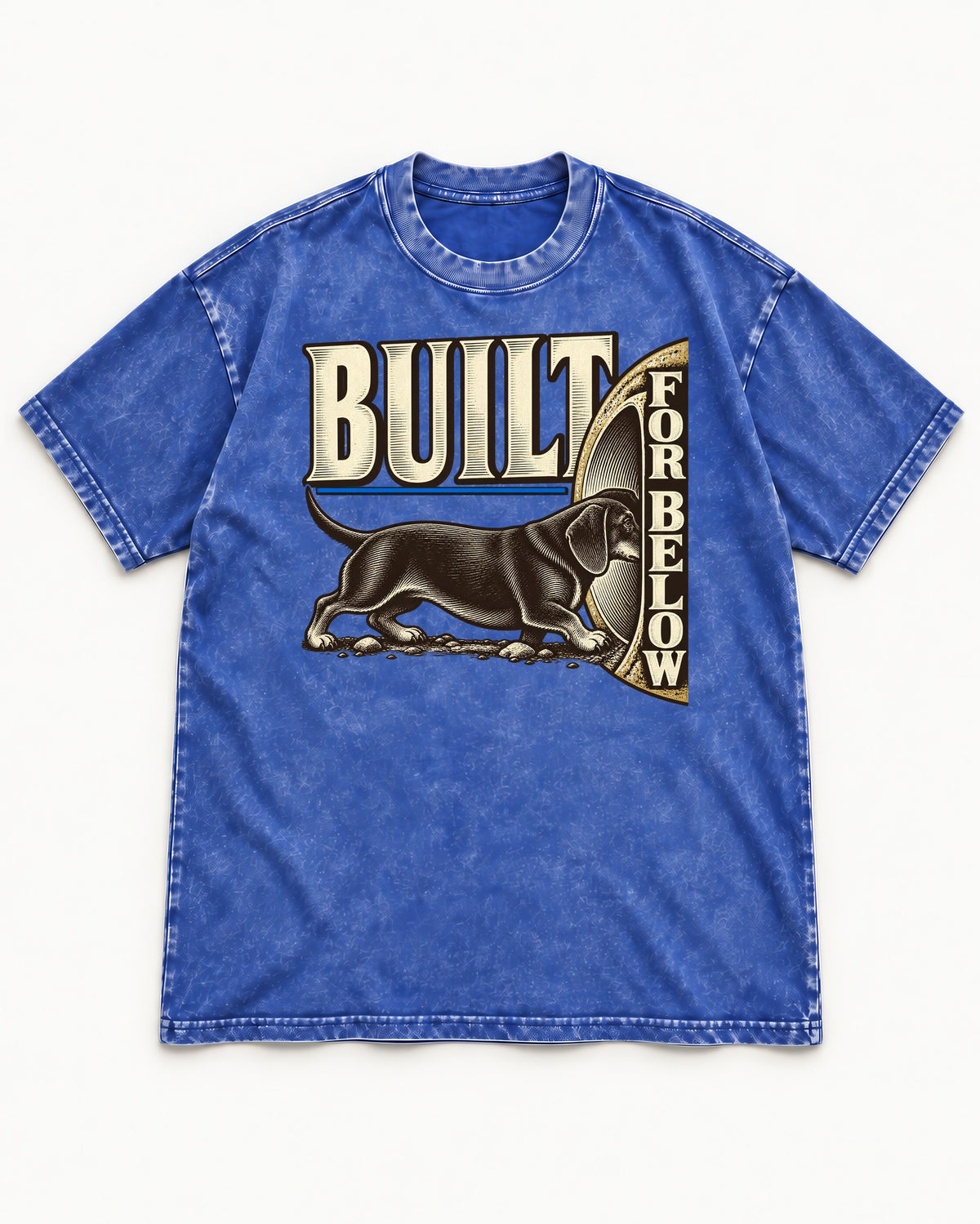 Dachshund Built for Below Vintage Burrow Graphic Washed Tee in Royal Blue, flat lay product photo