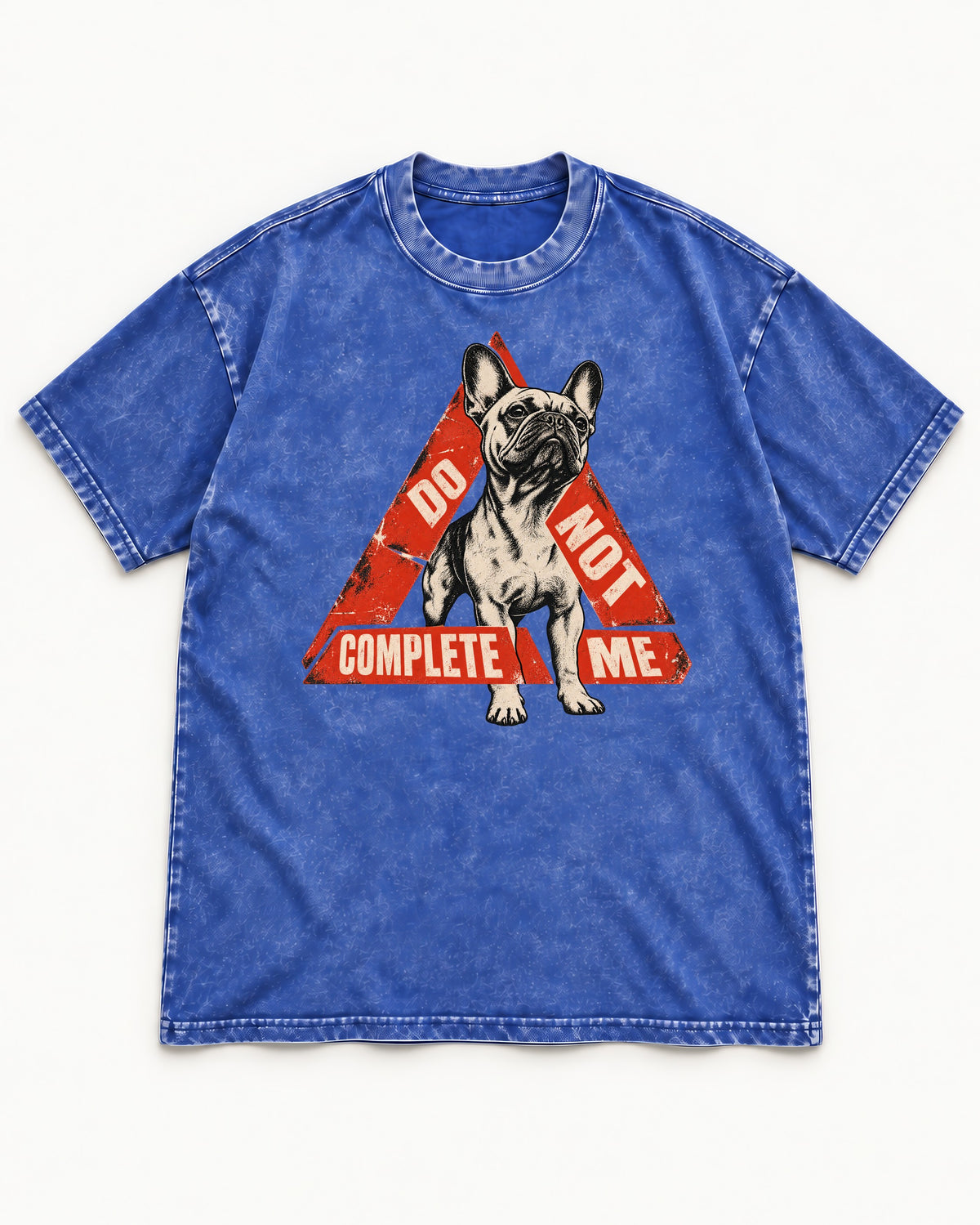 Frenchie Do Not Complete Me Warning Triangle Graphic Washed Tee in Royal Blue, flat lay product photo