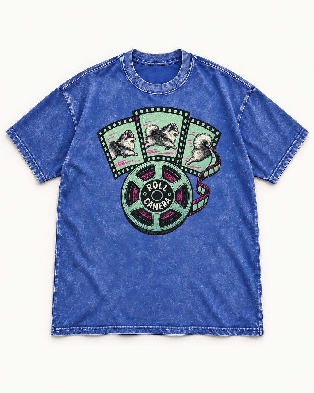 Pomeranian Roll Camera Film Reel Graphic Washed Tee in Royal Blue, flat lay product photo