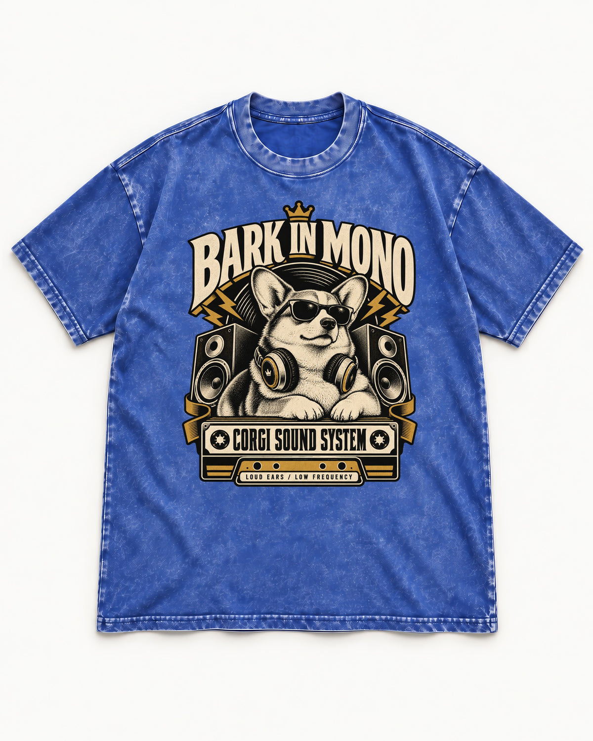 Corgi Bark in Mono Sound System Washed Tee in Royal Blue, flat lay product photo
