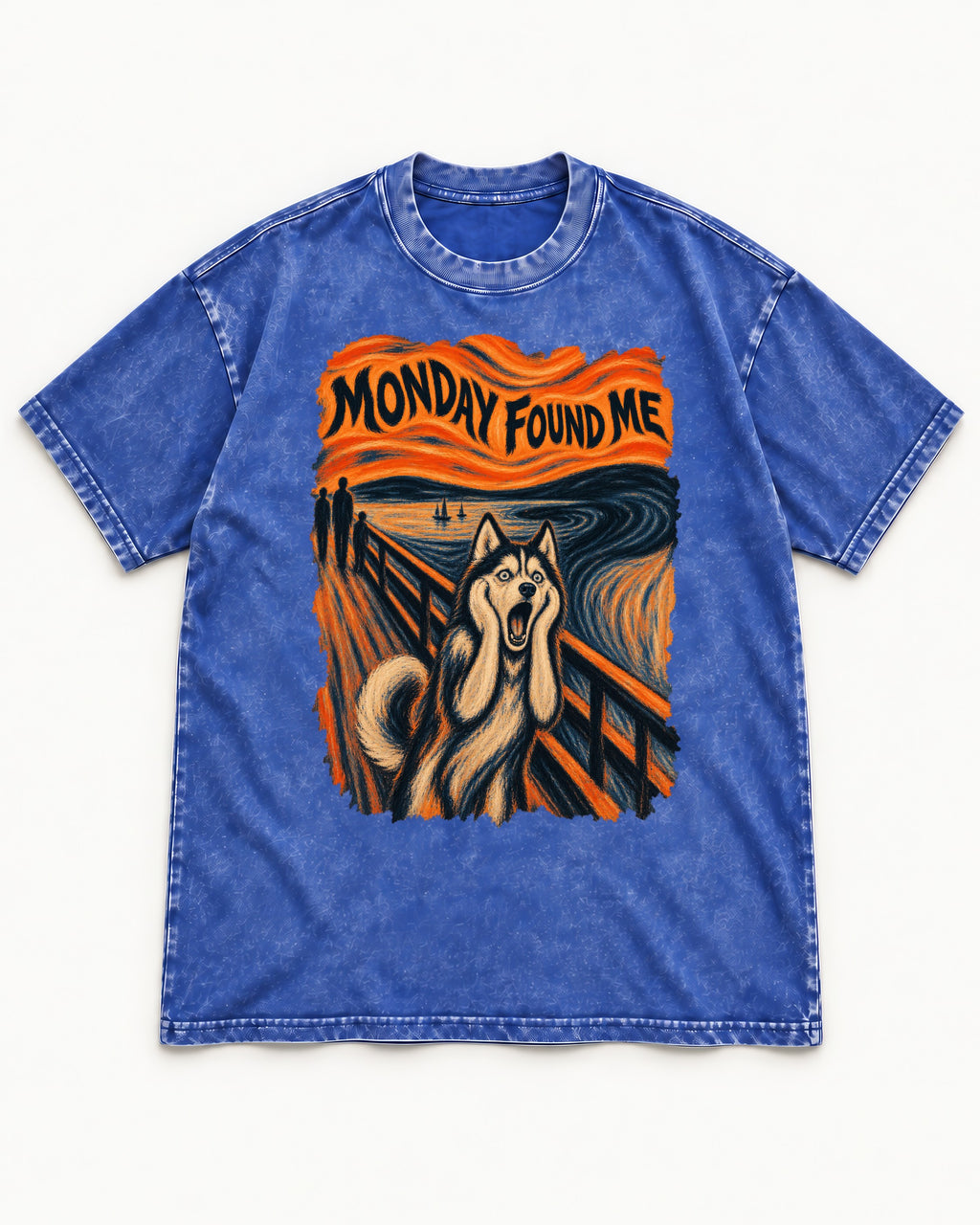 Husky Monday Found Me Scream Parody Graphic Washed Tee in Royal Blue, flat lay product photo
