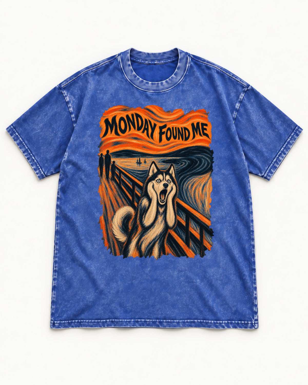 Husky Monday Found Me Scream Parody Graphic Washed Tee in Royal Blue, flat lay product photo