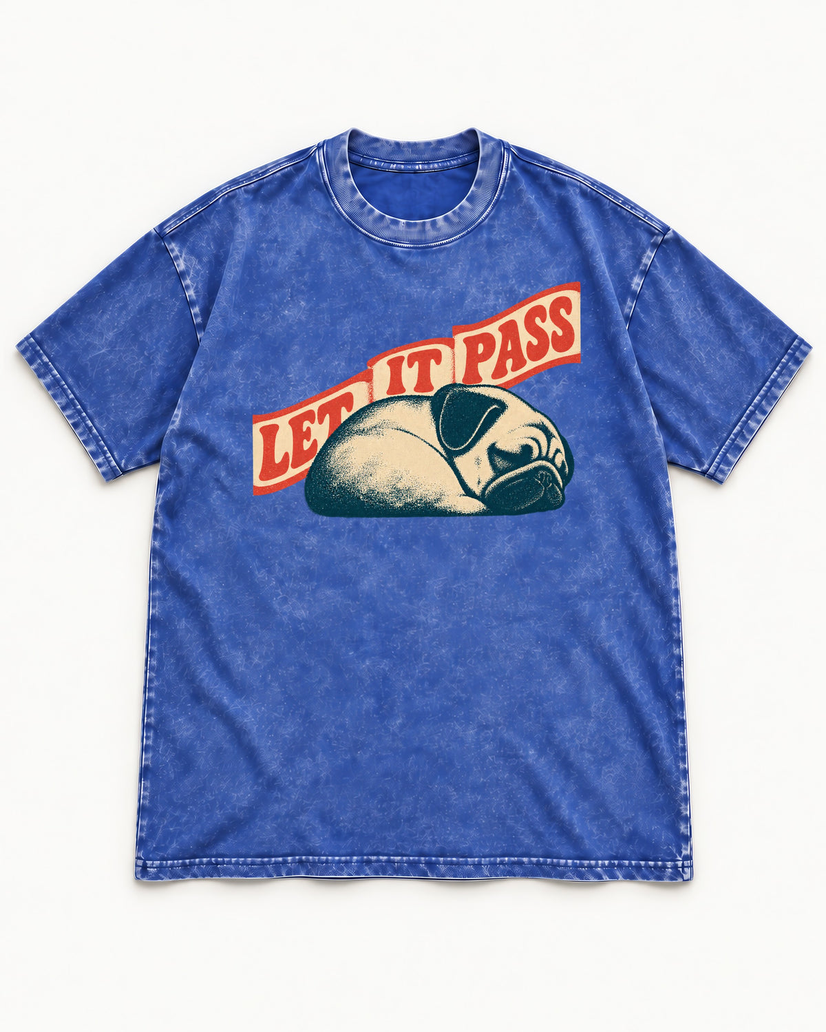 Pug Let It Pass Sleeping Banner Graphic Washed Tee in Royal Blue, flat lay product photo