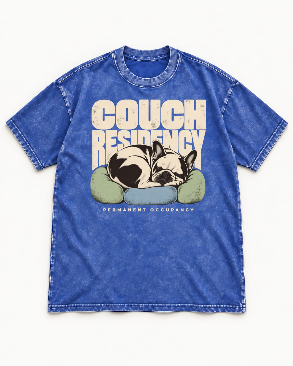 Frenchie Couch Residency Permanent Occupancy Cushion Graphic Washed Tee in Royal Blue, flat lay product photo