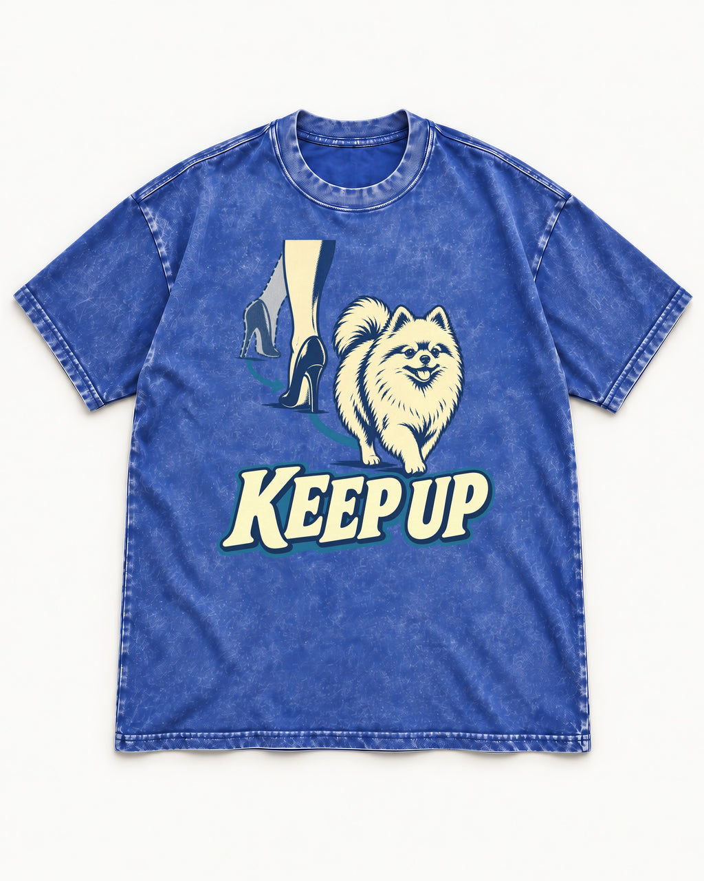 Pomeranian Keep Up High Heel Chase Graphic Washed Tee in Royal Blue, flat lay product photo
