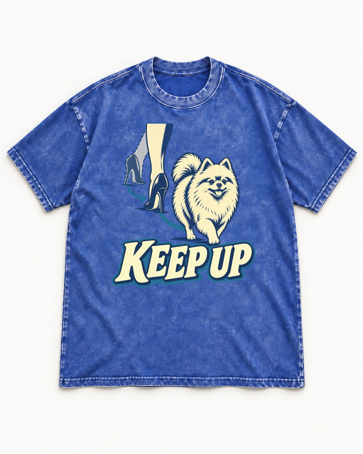 Pomeranian Keep Up High Heel Chase Graphic Washed Tee in Royal Blue, flat lay product photo
