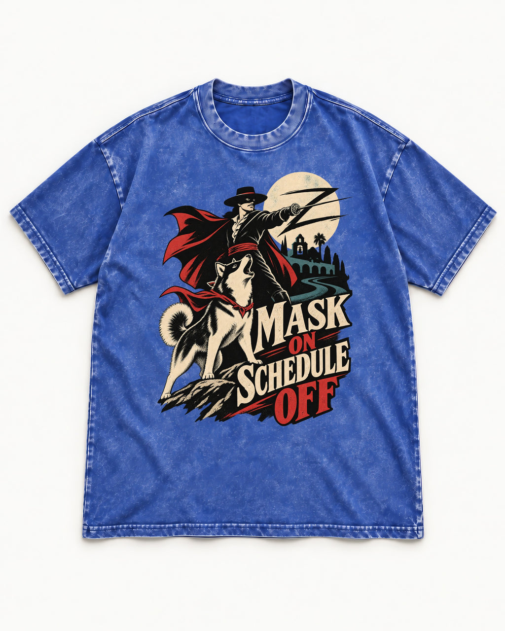 Husky Mask On Schedule Off Masked Swordsman Graphic Washed Tee in Royal Blue, flat lay product photo