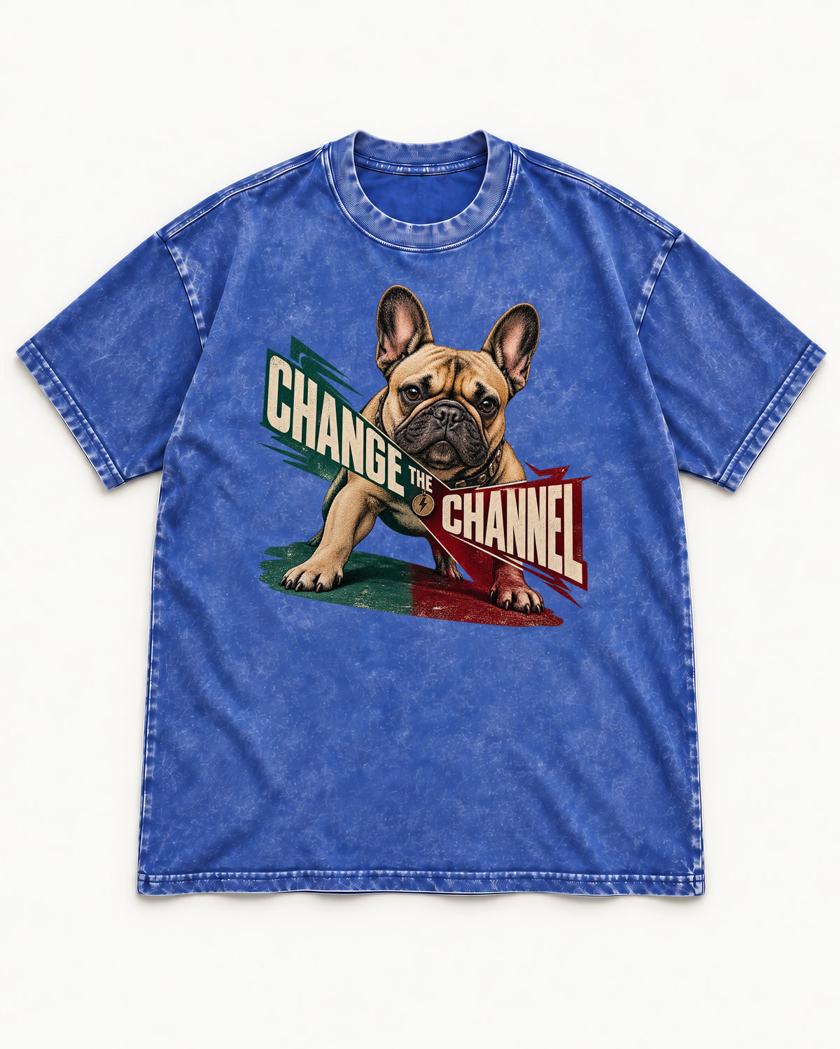 Frenchie Change the Channel Graphic Washed Tee in Royal Blue, flat lay product photo