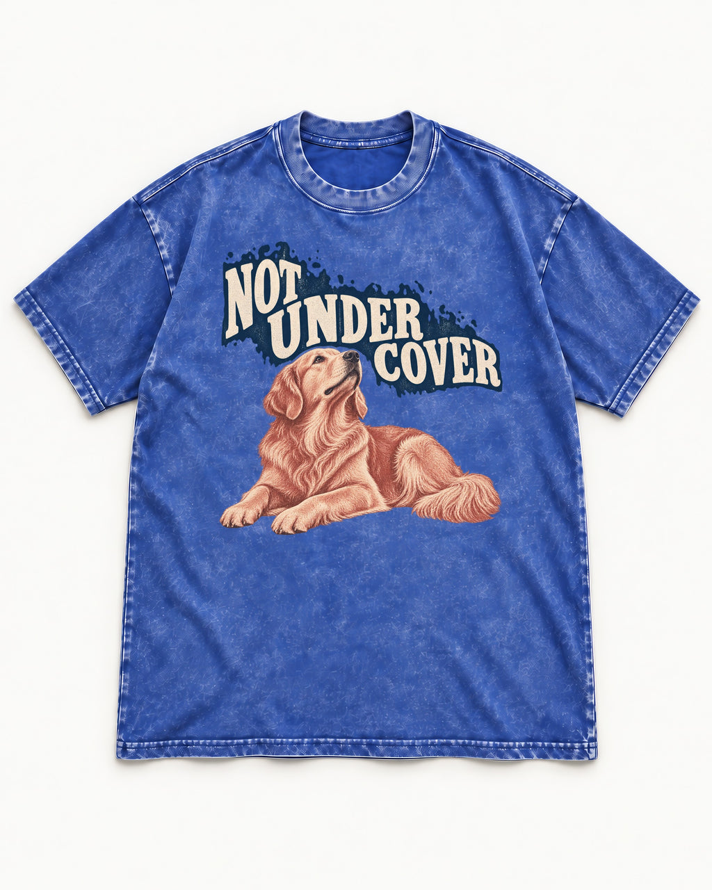 Not Under Cover Reclining Golden Retriever Graphic Washed Tee in Royal Blue, flat lay product photo