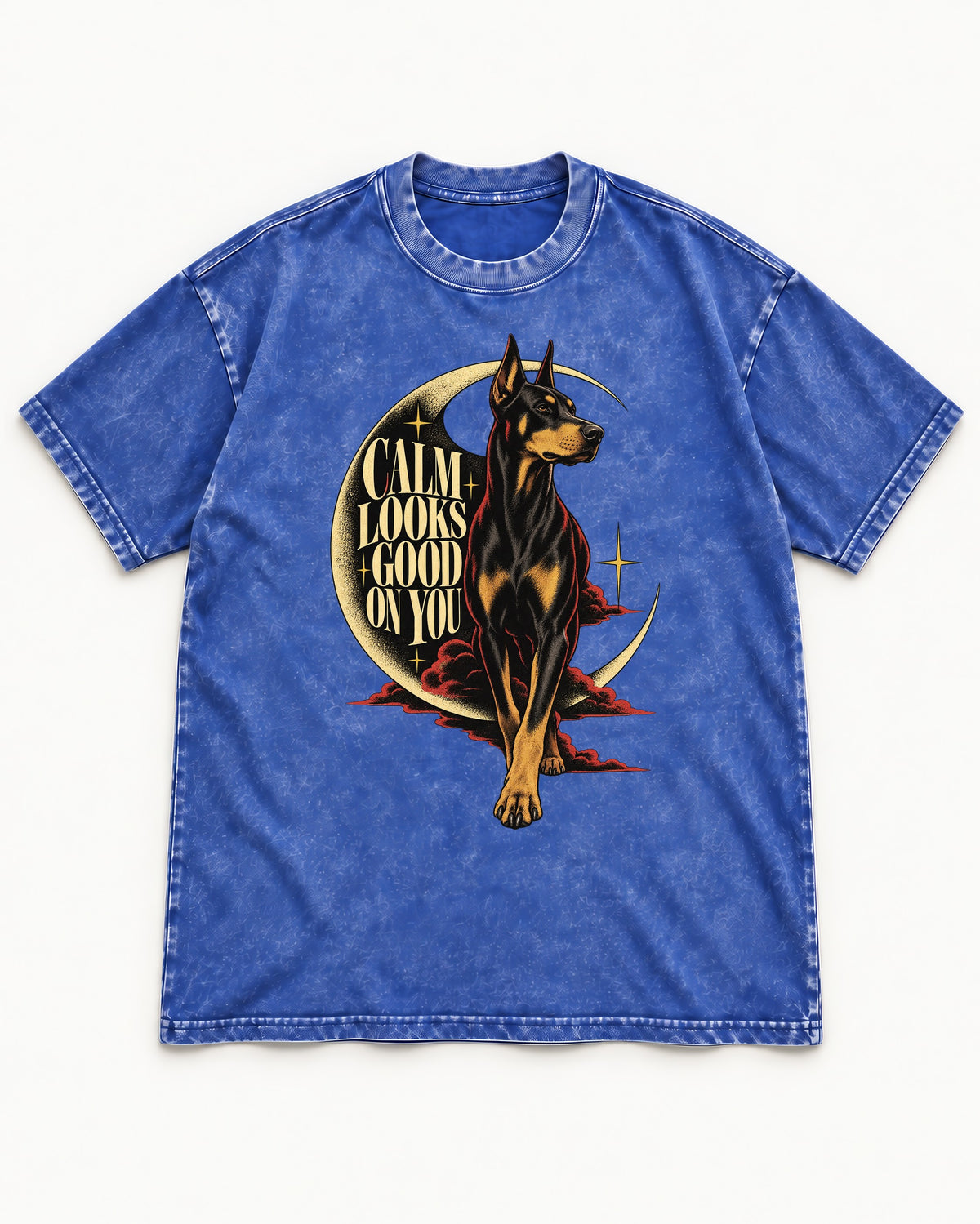 Doberman Calm Looks Good on You Crescent Graphic Washed Tee in Royal Blue, flat lay product photo