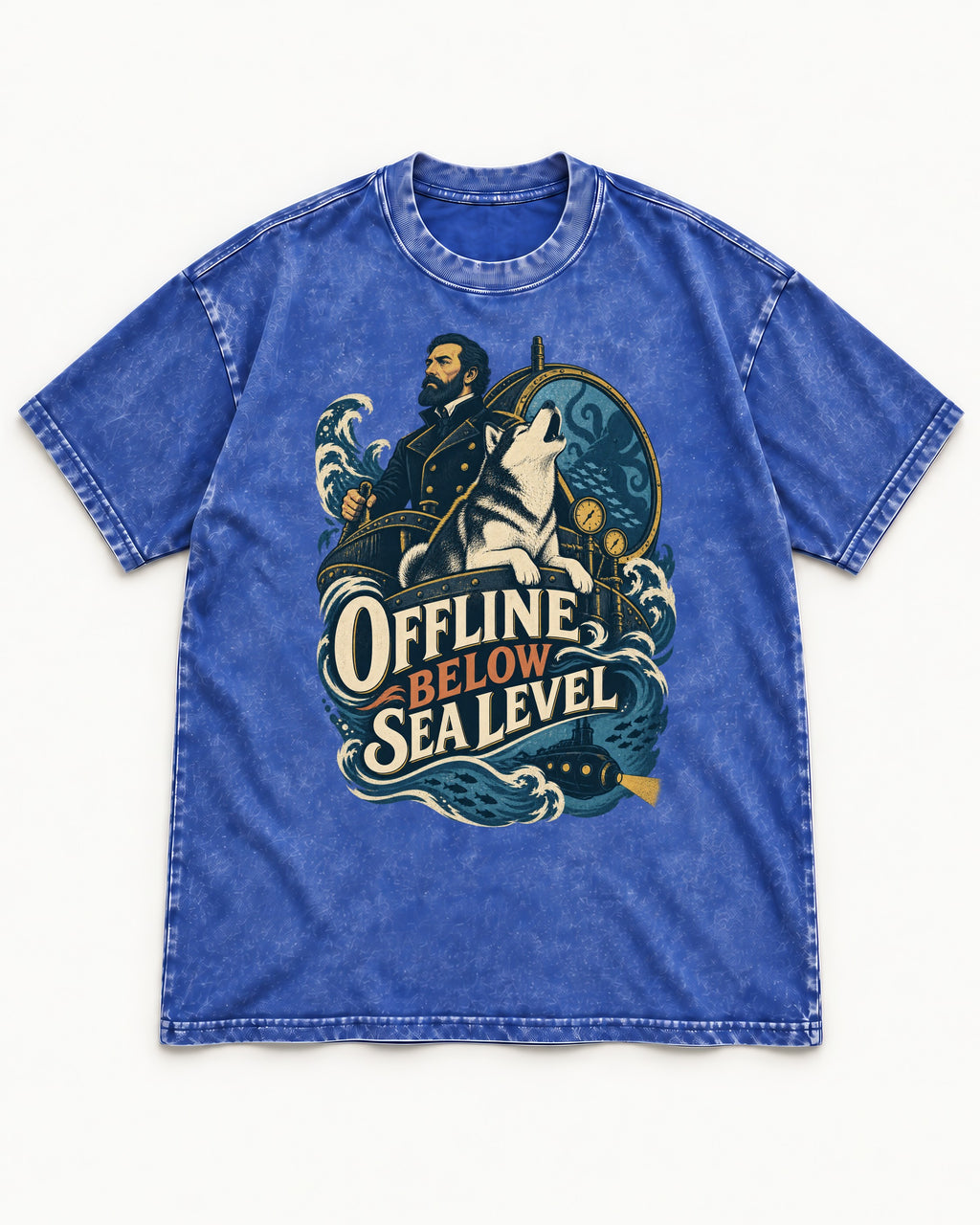 Husky Offline Below Sea Level Nautical Submarine Graphic Washed Tee in Royal Blue, flat lay product photo
