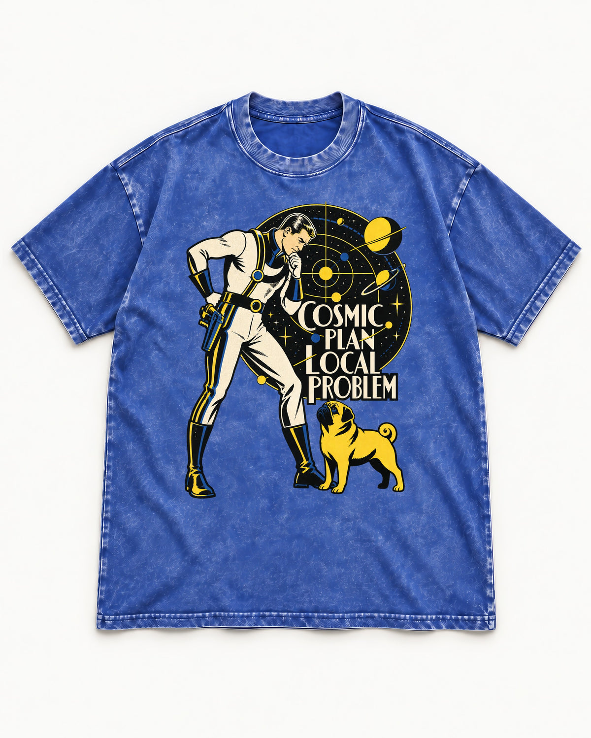 Pug Cosmic Plan Local Problem Astronaut Graphic Washed Tee in Royal Blue, flat lay product photo