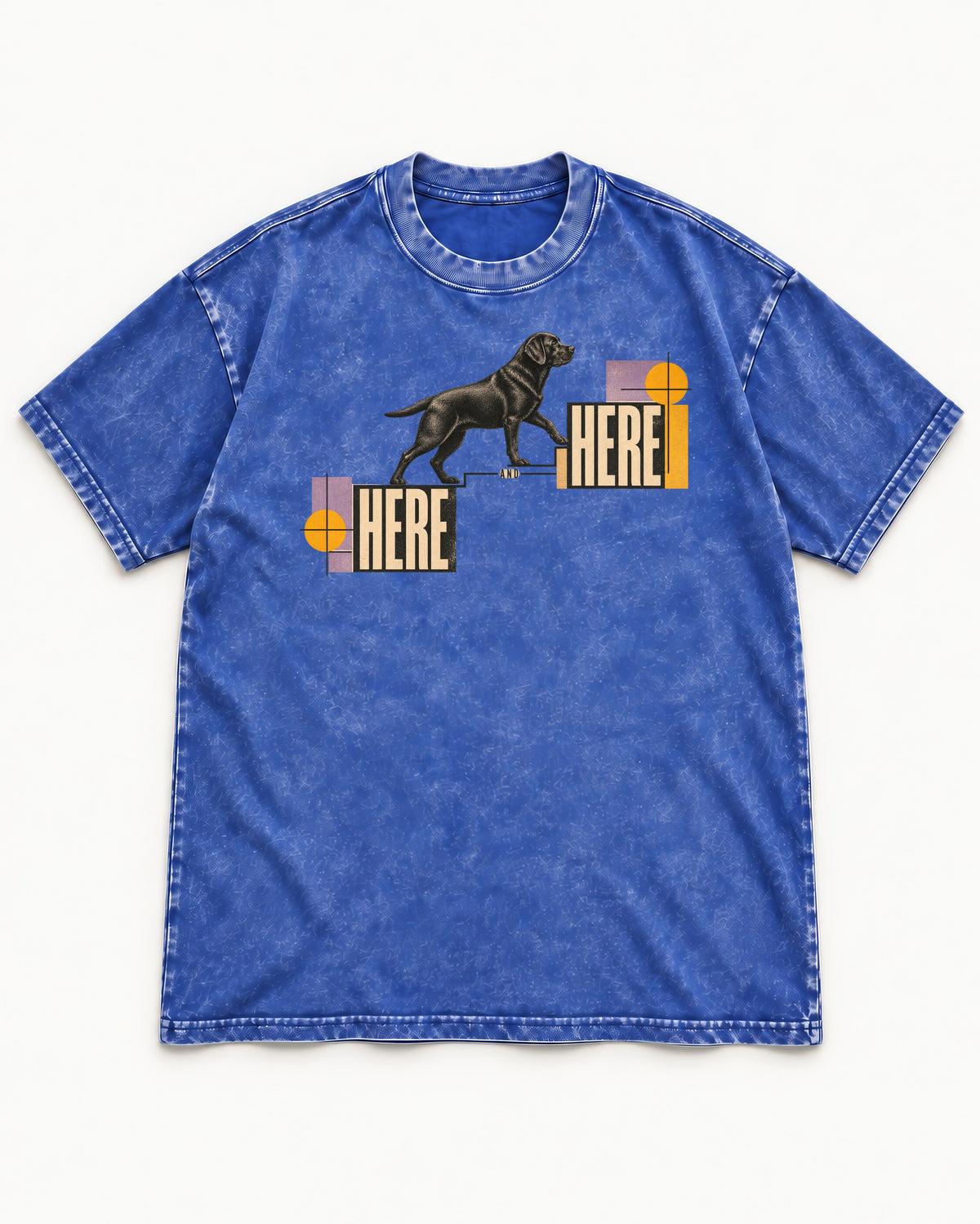 Here and Here Stepping Labrador Retriever Graphic Washed Tee in Royal Blue, flat lay product photo