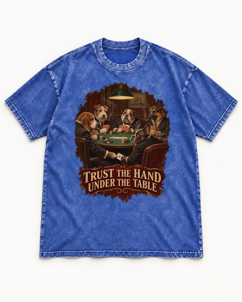 Frenchie Trust the Hand Under the Table Poker Dogs Graphic Washed Tee in Royal Blue, flat lay product photo