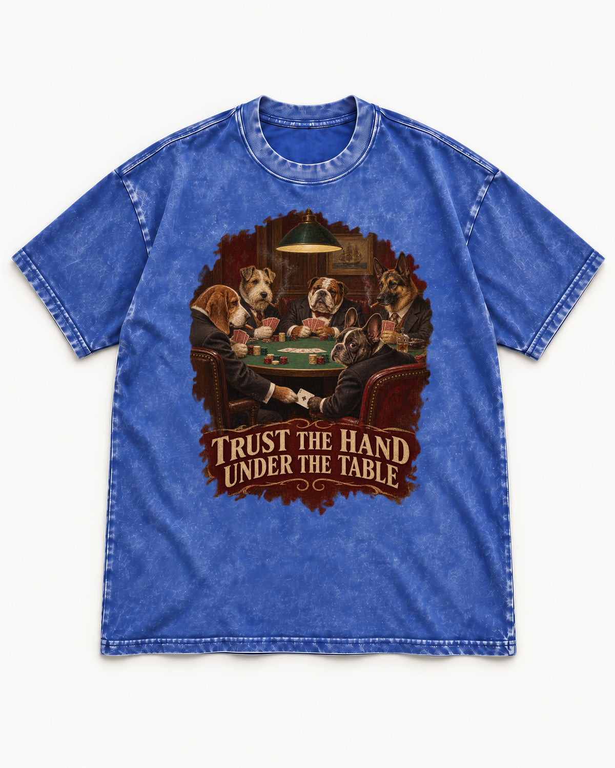Frenchie Trust the Hand Under the Table Poker Dogs Graphic Washed Tee in Royal Blue, flat lay product photo
