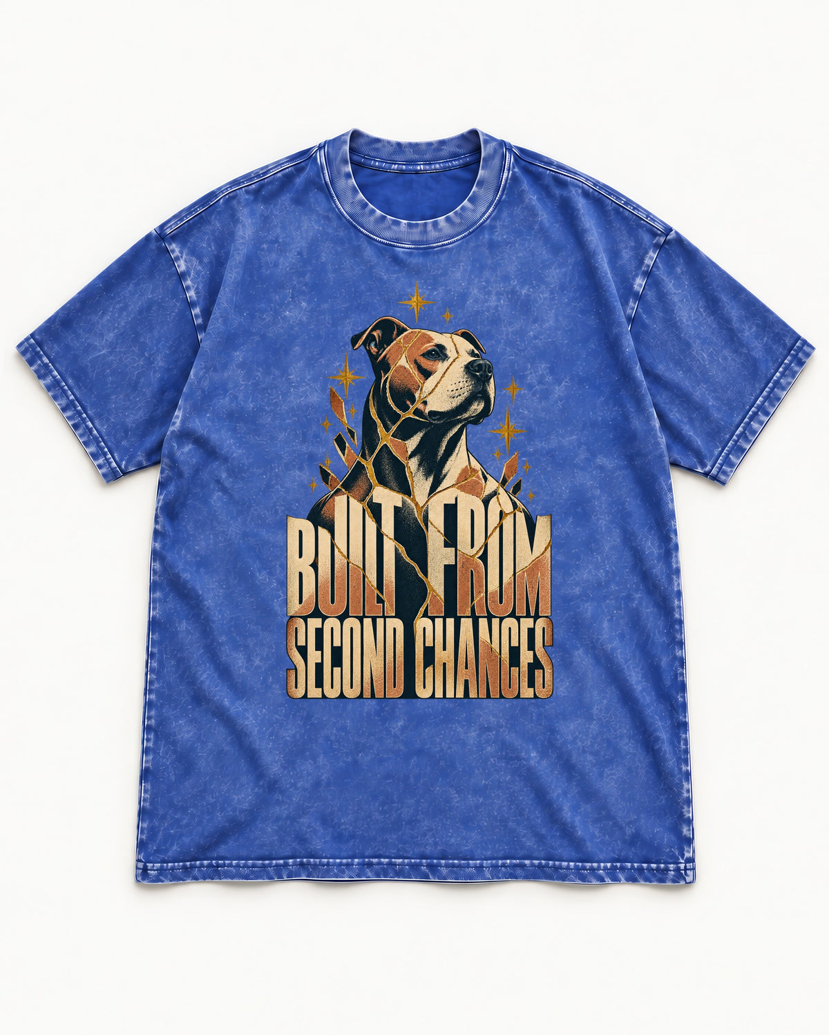 Pitbull Built from Second Chances Kintsugi Graphic Washed Tee in Royal Blue, flat lay product photo