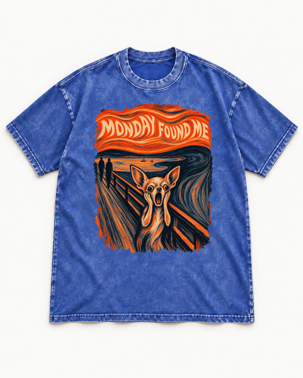 Monday Found Me Chihuahua Scream Banner Washed Tee in Royal Blue, flat lay product photo