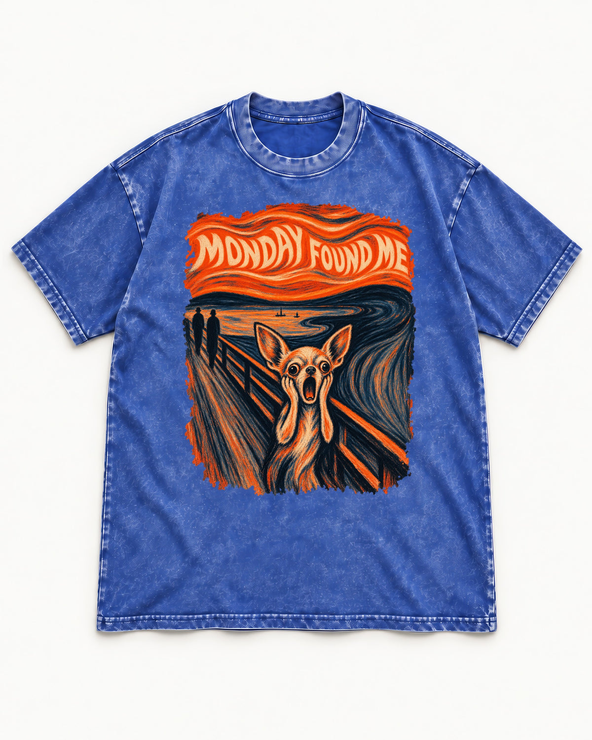 Monday Found Me Chihuahua Scream Banner Washed Tee in Royal Blue, flat lay product photo