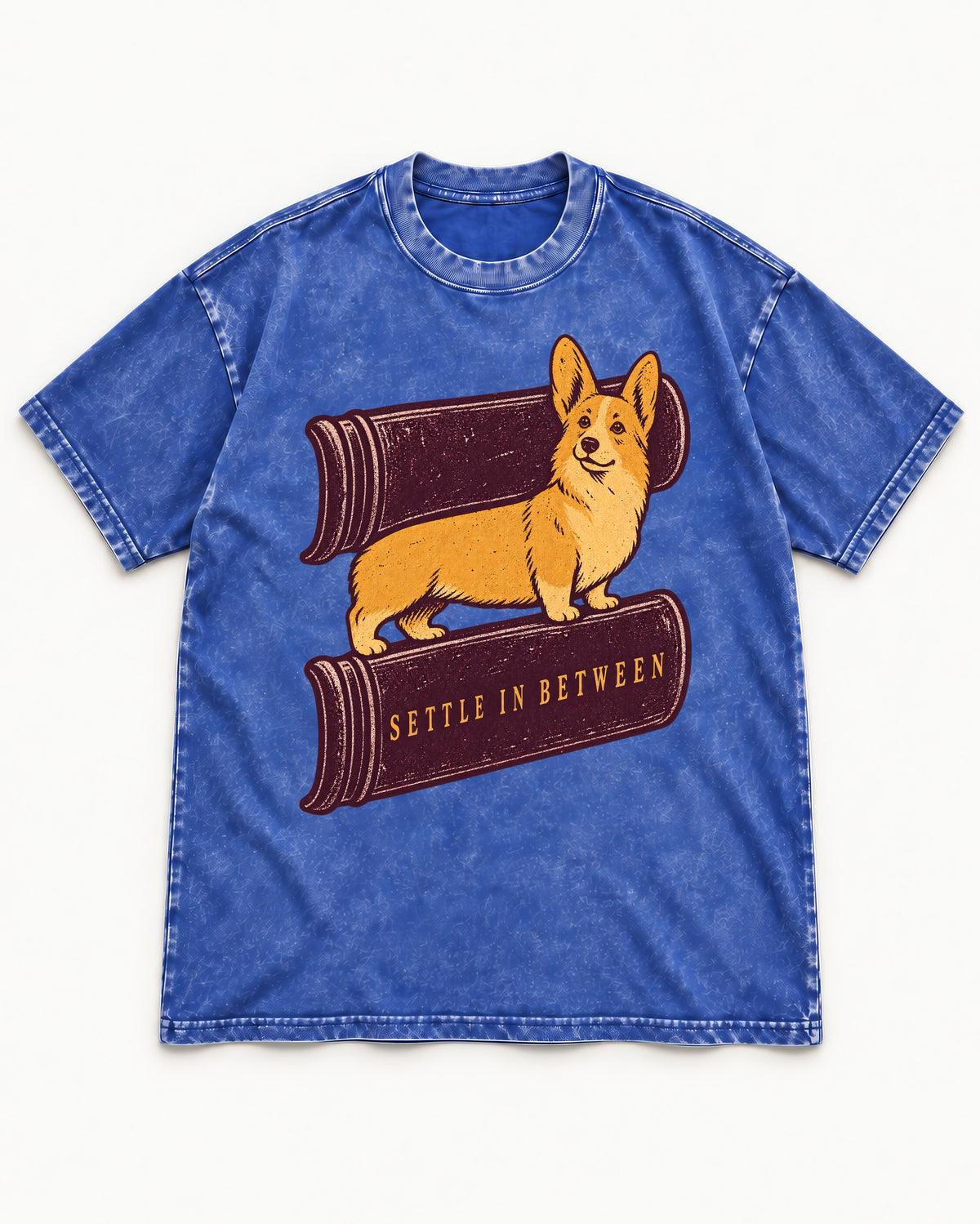 Corgi Settle in Between Washed Tee in Royal Blue, flat lay product photo