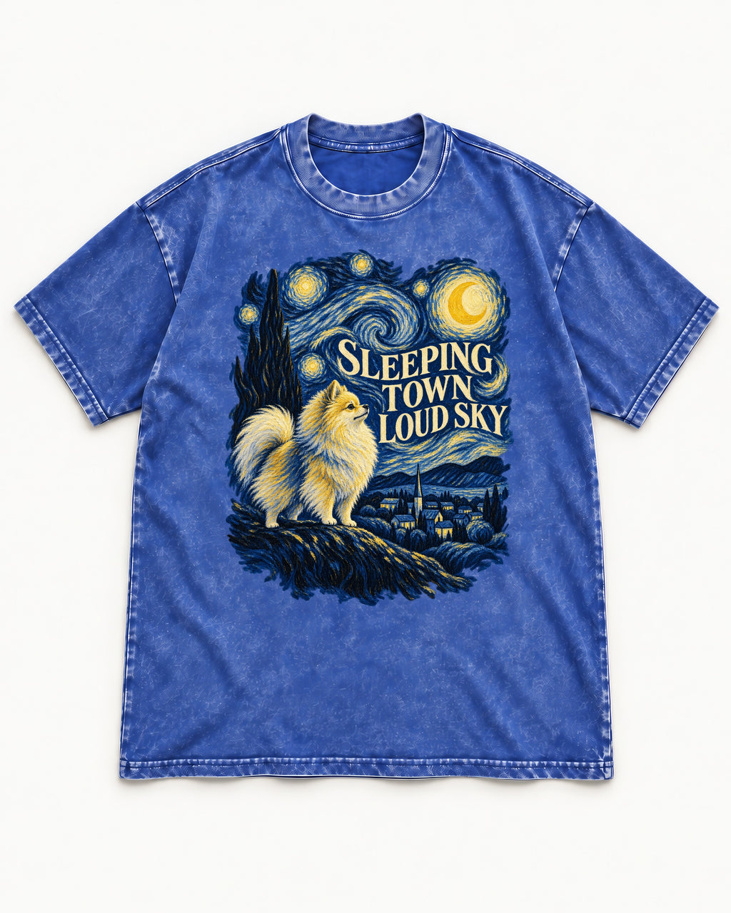 Pomeranian Sleeping Town Loud Sky Starry Night Graphic Washed Tee in Royal Blue, flat lay product photo